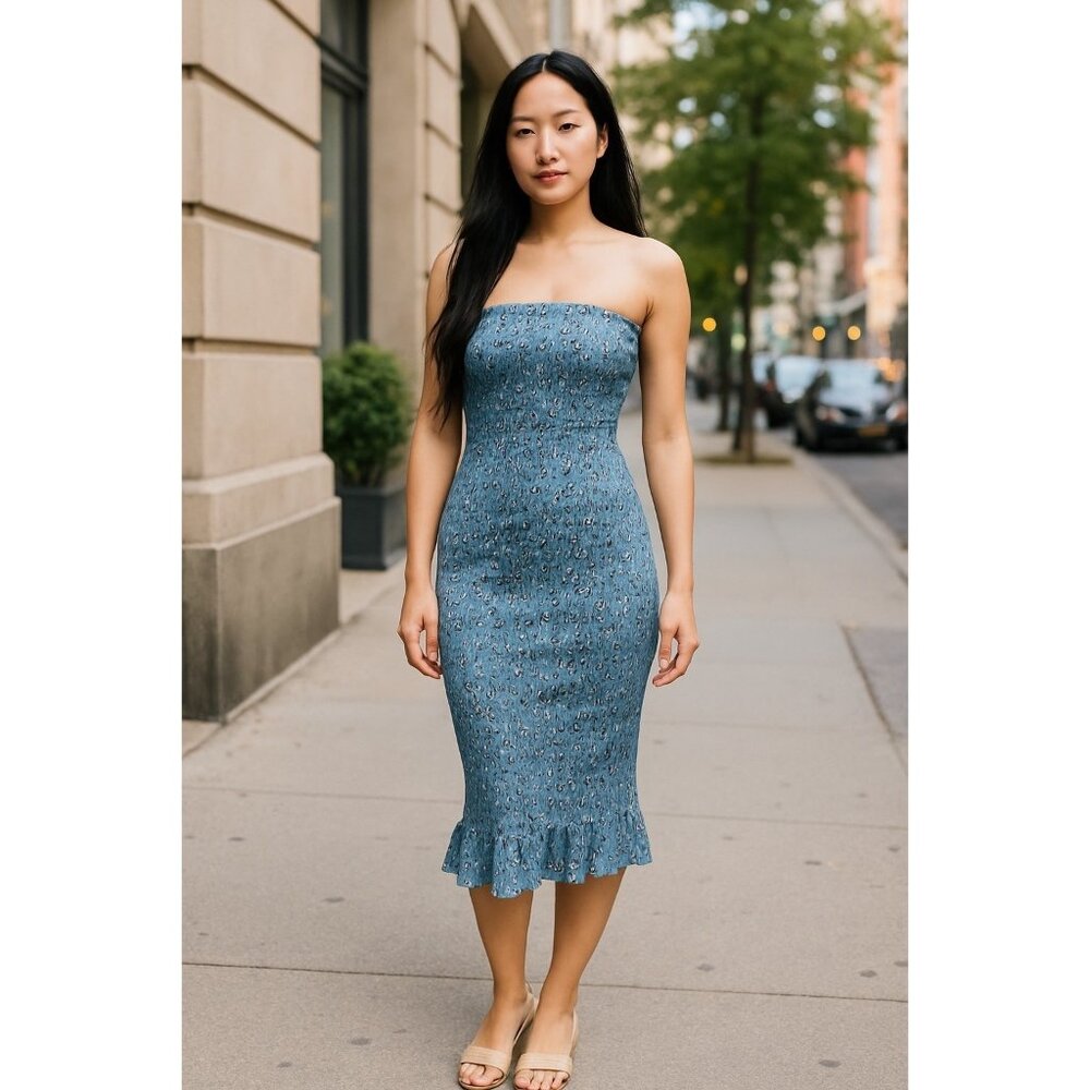 (A-26)Women's Strapless Blue Floral Midi Dress Size S New Fully‎ Dressed Stretch